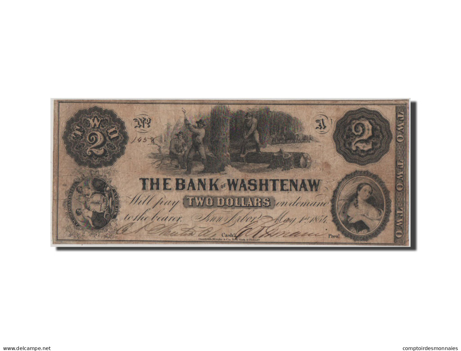 Billet, États-Unis, 2 Dollars, 1854, TB+ - Michigan