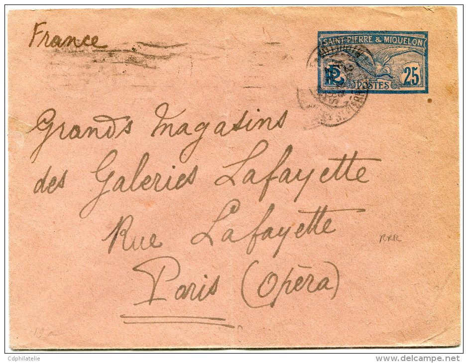 ST PIERRE ET MIQUELON ENTIER POSTAL DEPART ST PIERRE ET MIQUELON ? MARS 22 POUR LA FRANCE  (RRR) - Lettres & Documents