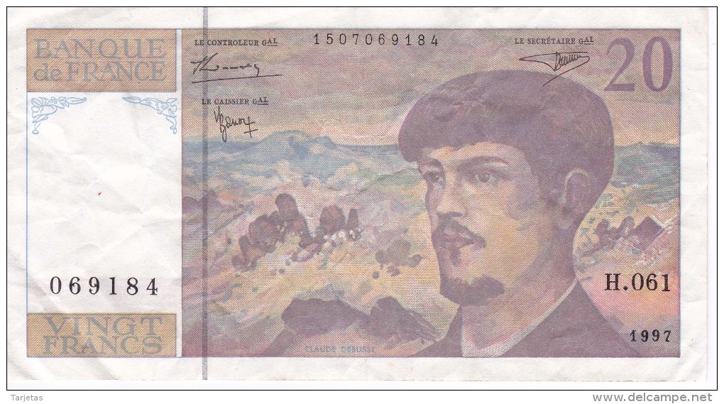 BILLETE DE FRANCIA DE 20 FRANCS DEL AÑO 1997 SERIE H  (BANKNOTE) CLAUDE DEBUSSY - 20 F 1980-1997 ''Debussy''