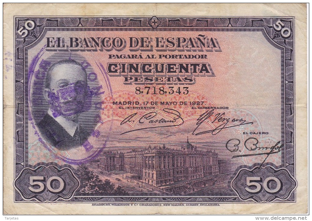 BILLETE DE ESPAÑA DE 50 PTAS  DEL AÑO 1927 CON RESELLO REPUBLICA ESPAÑOLA  (BANKNOTE) - 50 Pesetas