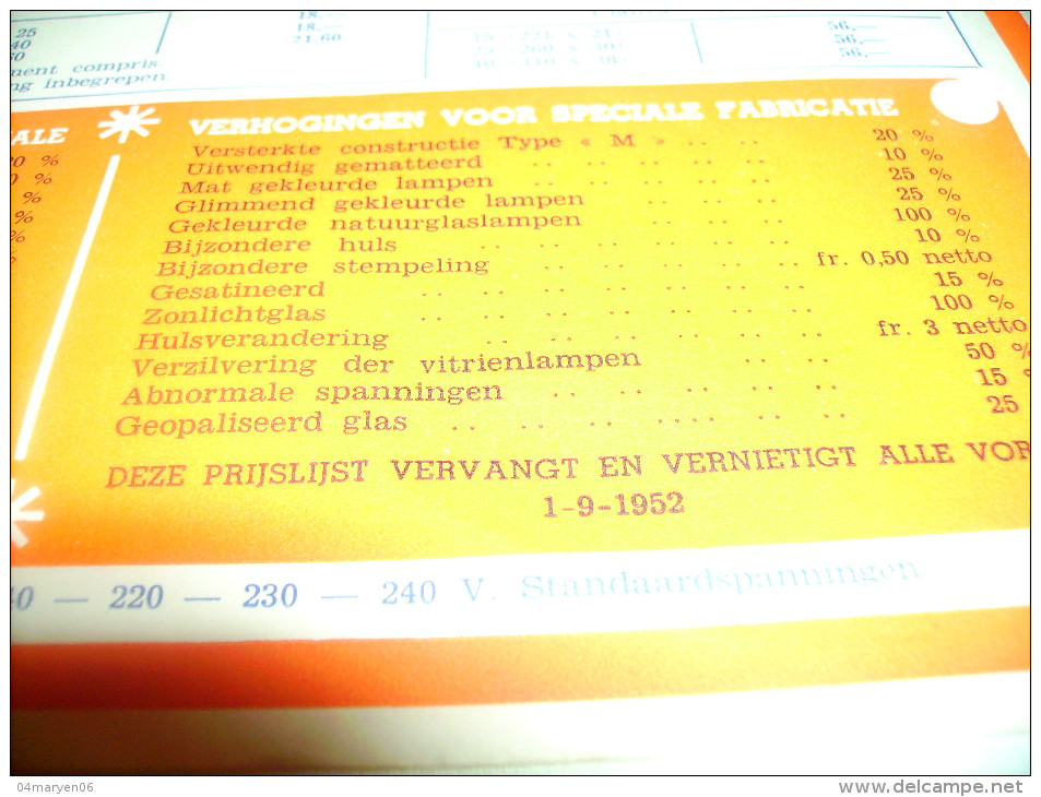 """PRIJSLIJST -1952-"" MAZDA "" -Tarif Des Lampes Normales M.B.L.E. - Elektriciteit En Gas