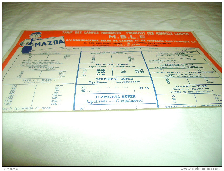 """PRIJSLIJST -1952-"" MAZDA "" -Tarif Des Lampes Normales M.B.L.E. - Elektriciteit En Gas