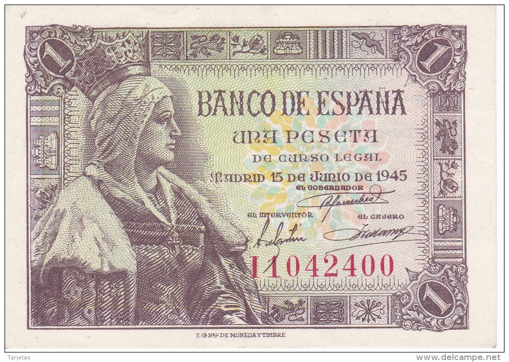 BILLETE DE ESPAÑA DE 1 PTA DEL 15/06/1945 ISABEL LA CATÓLICA SERIE I CALIDAD EBC+ (XF) (BANK NOTE) - 1-2 Pesetas