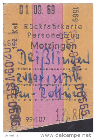 DB Rückfahrkarte: Metzingen-Deißlingen über Rottweil, 2.Kl. 99-107 Km, 17,80 DM,  1.9.1969 - Europa