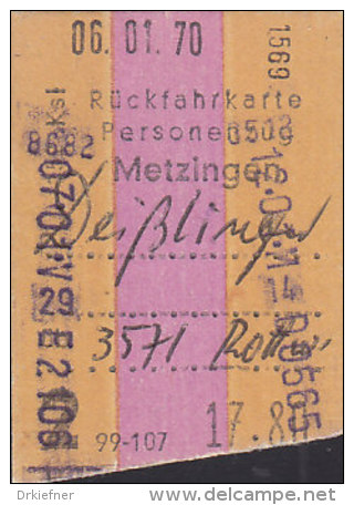 DB Rückfahrkarte: Metzingen-Deißlingen über Rottweil, 2.Kl. 99-107 Km, 17,80 DM,  6.1.1970 - Europa