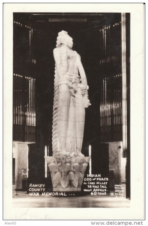 St. Paul Minnesota, Indian God Of Peace Ramsey County War Memorial, C1940s Vintage Real Photo Mando Postcard - St Paul