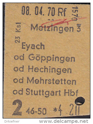 DB Fahrkarte: Metzingen-Eyach/Göppingen/Hechingen/Mehrstetten Oder Stuttgart, 2.Kl. 46-50 Km, 4,20 DM,  8.4.1970 - Europa