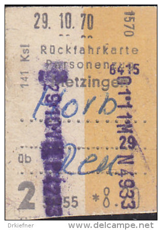 DB Rückfahrkarte: Metzingen-Horb über Reutlingen 2.Kl. 51-55 Km, 8,20 DM,  29.10.1970 - Europe