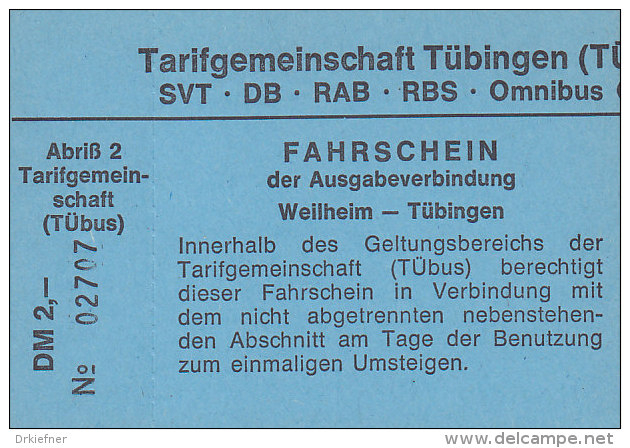 TÜbus Fahrschein: Weilheim-Tübingen, Um 1994, 2,00 DM, Mit Abriß 2 - Europe