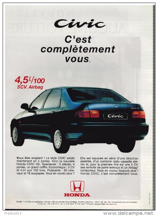 HONDA CIVIC,  PUBLICITE ISSUE D´UN MAGAZINE 1993 FORMAT 21 X 28.5 FRANCE - Publicités