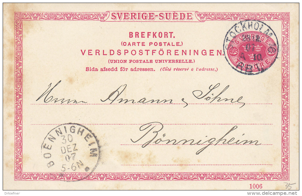 SCHWEDEN P 20, DD 1006, Gestempelt Stockholm 28.12.1907 - Enteros Postales