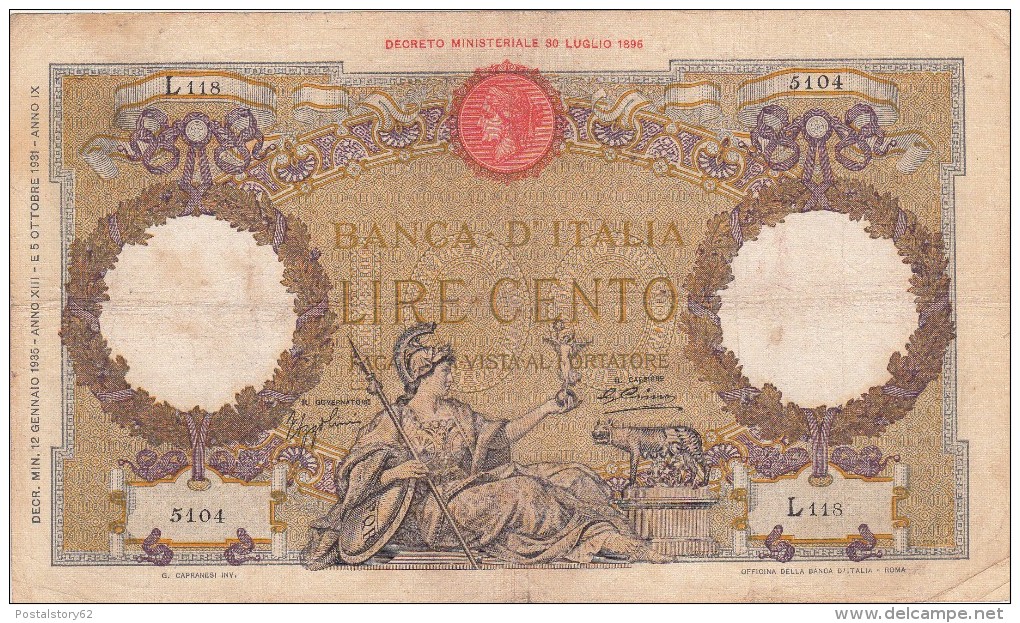 Lire 100 Aquila Romana Fascio Dec. 12/01/1935 Firme Azzolini - Cima. Integra E In Buono Stato - 100 Lire