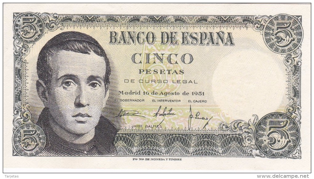 BILLETE DE ESPAÑA DE 5 PTAS DEL 16/08/1951 SERIE 1E EN CALIDAD EBC+ (BANKNOTE) - 5 Pesetas