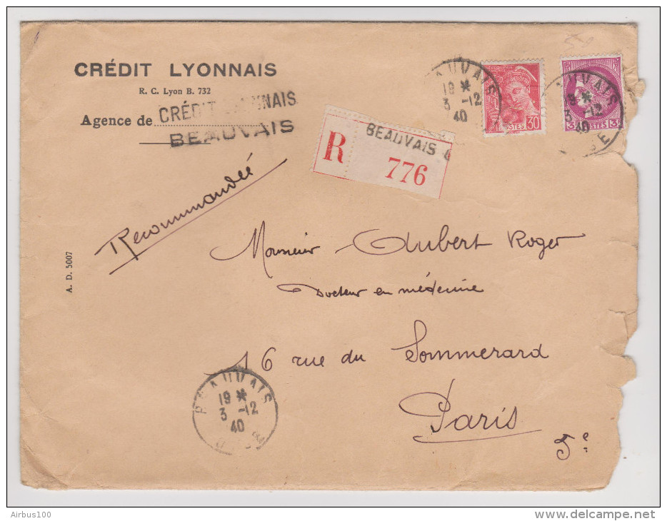 CACHET DE CIRE RECOMMANDÉ CRÉDIT LYONNAIS BEAUVAIS 3 DÉCEMBRE 1940 POUR PARIS - MERCURE 547 + CERES 376 - 4 Scans - N° - 1921-1960: Période Moderne