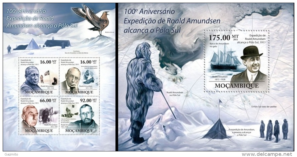 Mozambico 2011, 100th Amuntsen Antartic Expedition, Bird, Ship, 4val In BF +BF - Explorateurs & Célébrités Polaires