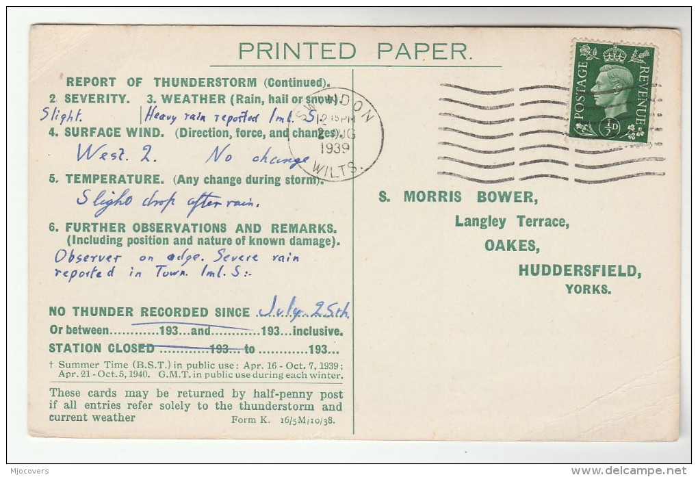 1939 Swindon  COVER Postcard METEOROLOGY Report WEATHER STATION Re THUNDERSTORM Gb  Stamps - Climate & Meteorology