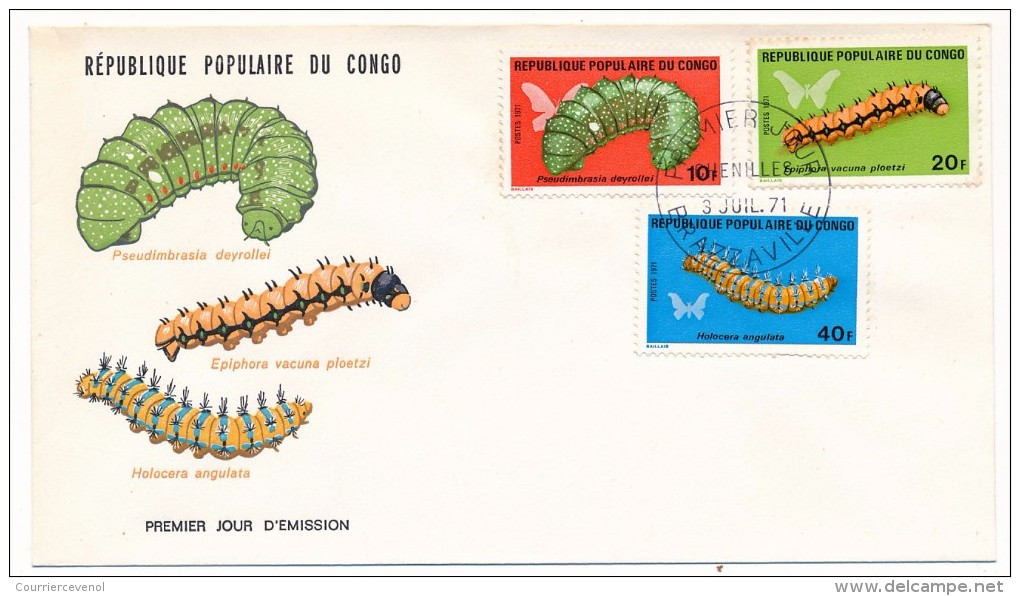 Congo => 2 Enveloppes FDC => Série Chenilles - 3 Juillet 1971 - Brazzaville - FDC