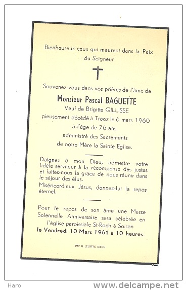 Faire-part De Décès De Mr. Pascal BAGUETTE - TROOZ 1960 - Soiron - Obituary Notices