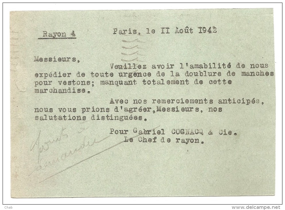 CARTE POSTALE COMMERCIALE,1942 - COMPLEMENT DE TAXE PERCU - Type Pétain - WW2 - Chambre De Commerçe - Cartes Postales Types Et TSC (avant 1995)
