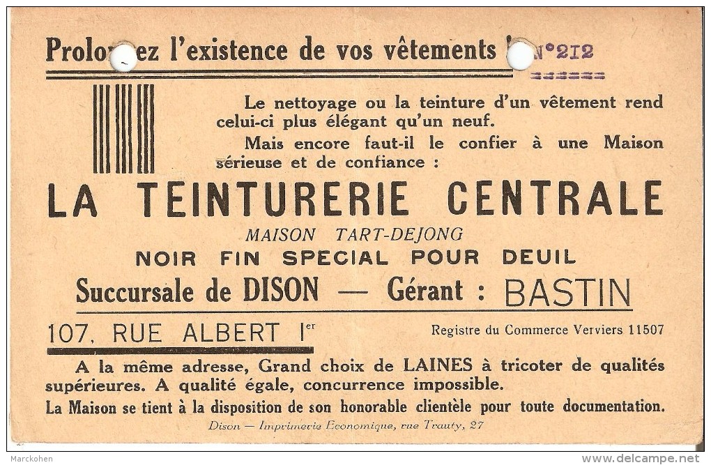 VERVIERS - DISON (4820) - Textile : Teinturerie Centrale, 107 Rue Albert 1er.  Maison Tart-Dejong, Gérant : Bastin. CPSM - Dison