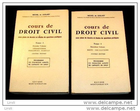 DE JUGLART. COURS DE DROIT CIVIL. Tome 1 Et 2. 1970 - Rechts