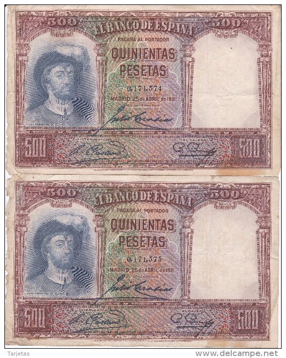 PAREJA CORRELATIVA DE 500 PTAS DEL AÑO 1931 CALIDAD RC SIN SERIE - 500 Pesetas