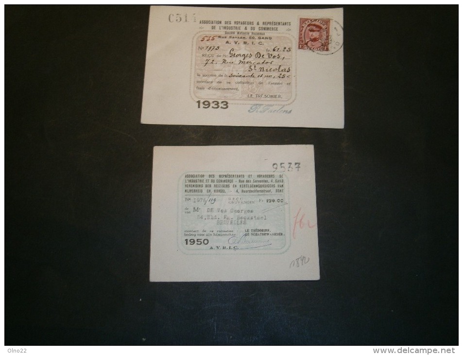 2 Cartes De Représentant De Commerce, 1933 Et 1950 , Au Nom De DE VOS Georges, Dom. à St Nicolas Puis Bruxelles - Non Classés