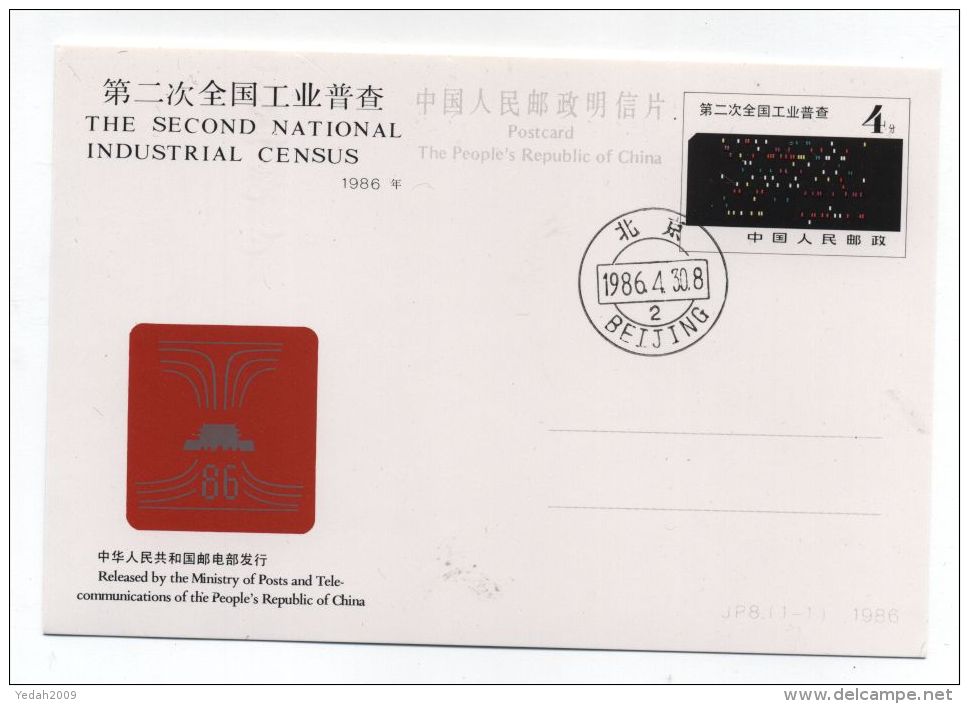 China PR INDUSTRIAL CENSUS COMPUTER FDC POSTAL CARD 1986 - Computers