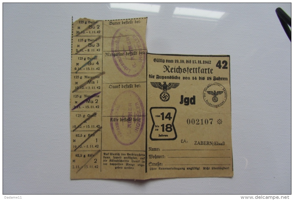 Carte De Rationnement Alsace Saverne 1942 Pour Enfant - Non Classés