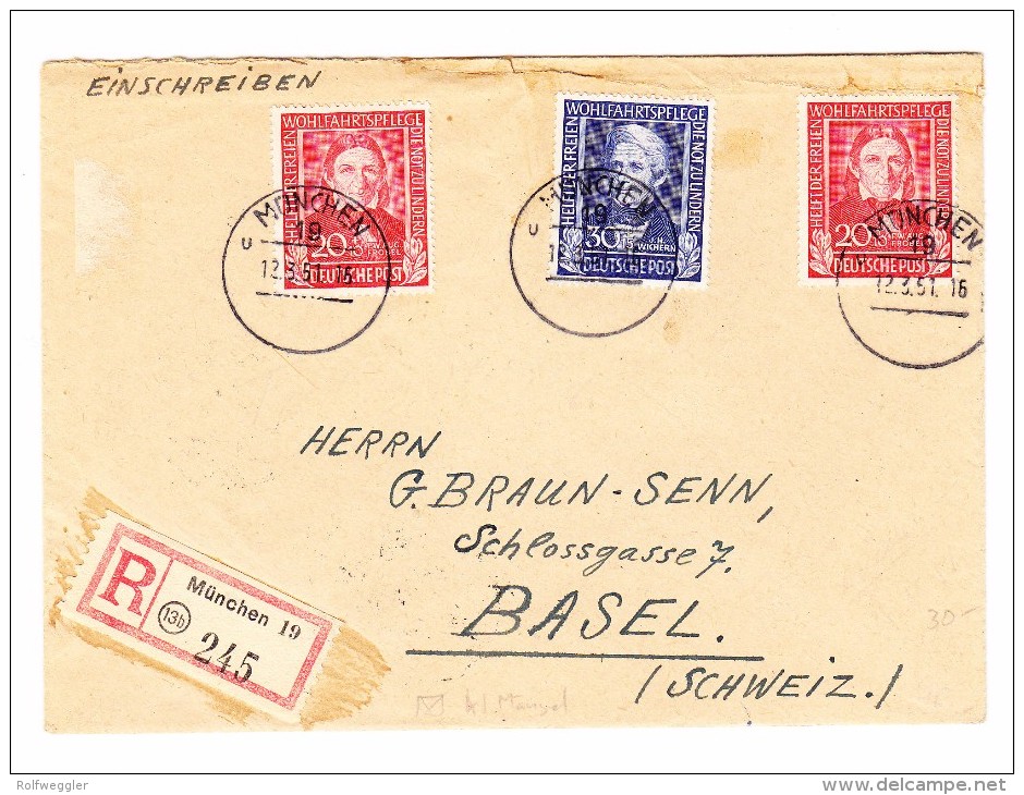 D - BRD 12.3.1951 München R-Brief Nach Basel CH Mit  Mi.# 119(2) +120 - Briefe U. Dokumente