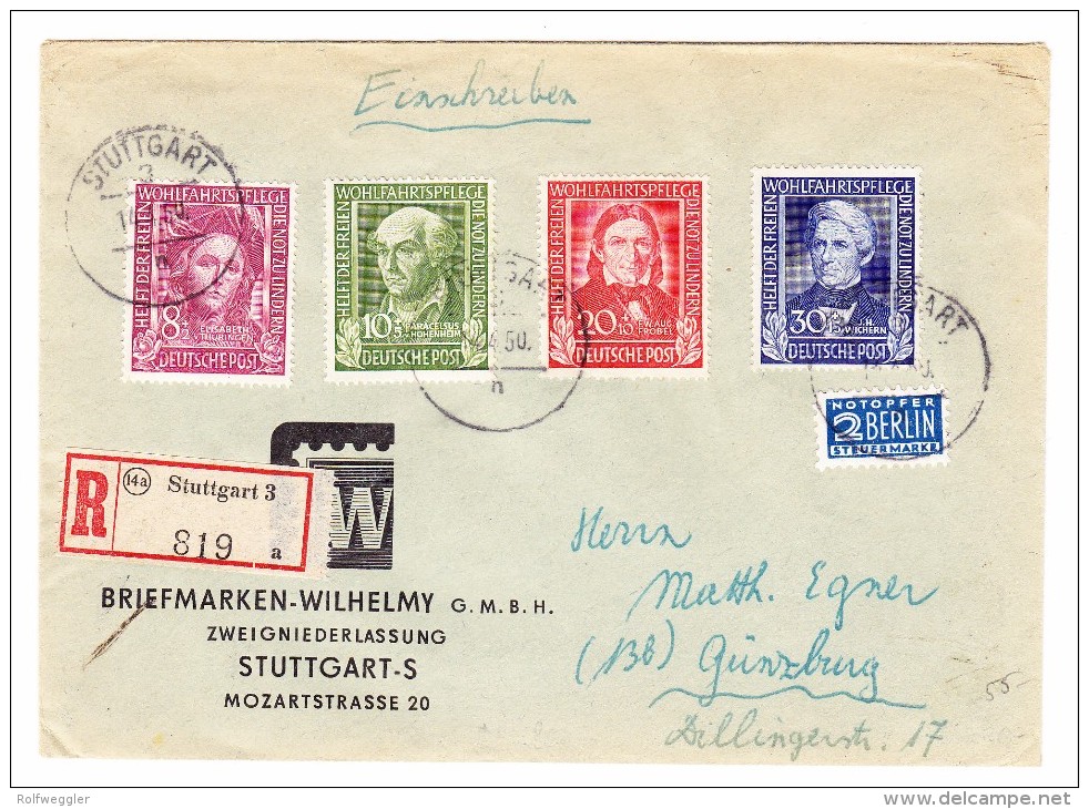 D - BRD 14.4.1950 Stuttgart 3 Brief Nach Günzburg Mit Mi.#117-120 - Briefe U. Dokumente