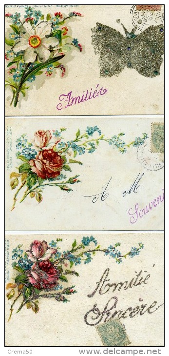 LOT DE 6 CARTES Avec Paillettes - Langage Des Fleurs : Lis Primevere Giroflée Rose Myosotis Narcisse Papillon - Flores