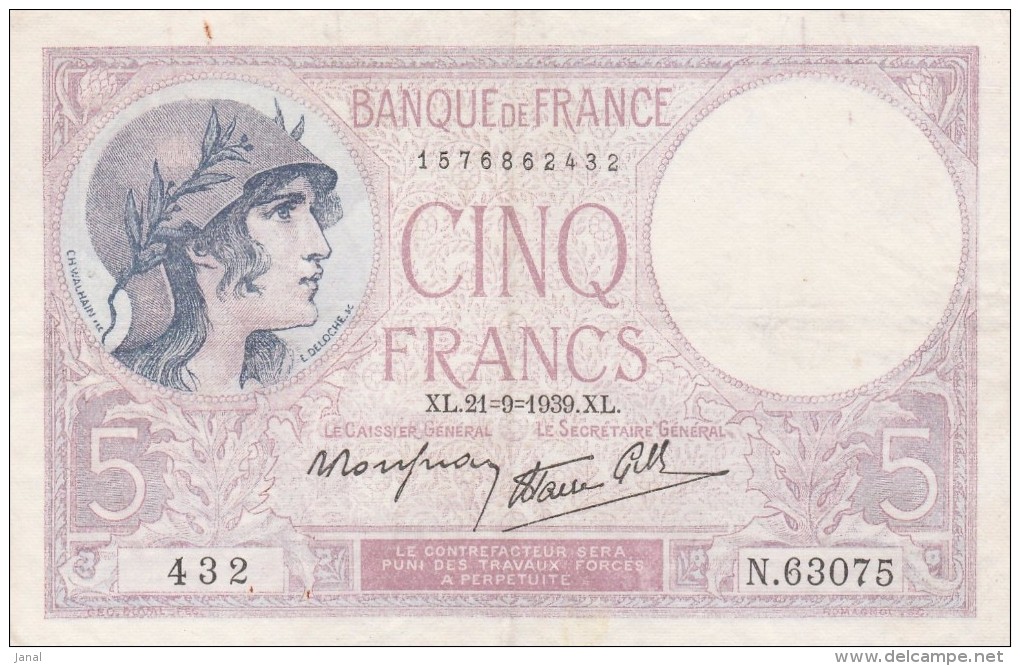 BILLETS - 5 F VIOLET - XL . 21=9=1939 . XL - N° 432 - N . 63075 - 5 F 1917-1940 ''Violet''