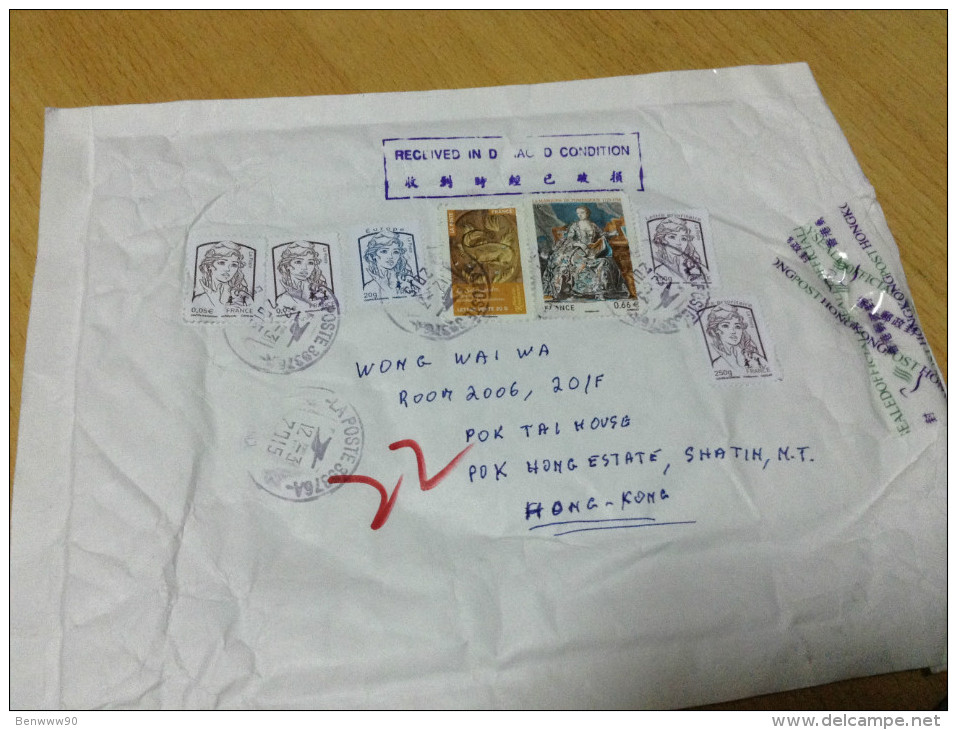 Postal Cover Send From FRANCE To Hong Kong HK Postoffice Mark "22", RECEIVED IN DAMAGED CONITION Chop DN - Covers & Documents