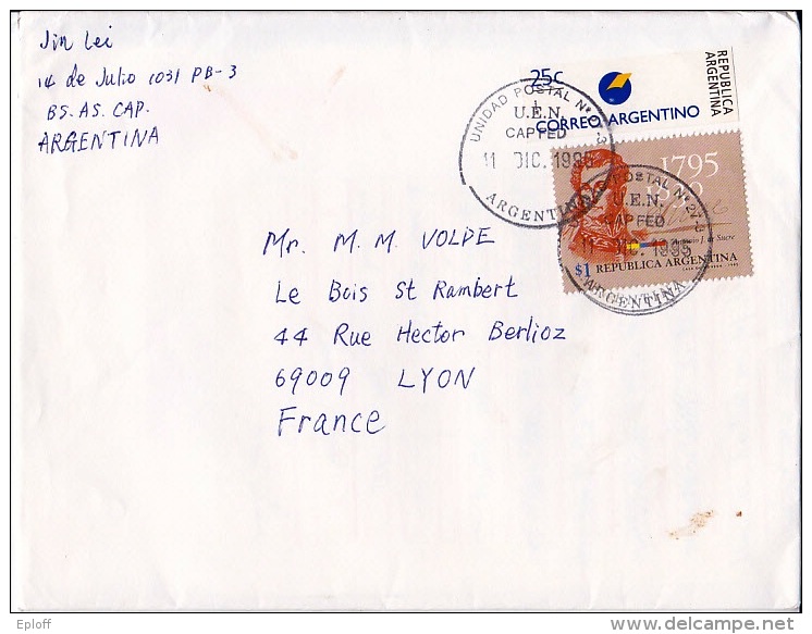 ARGENTINE ARGENTINA 1995  Enveloppe Ayant Voyagé Vers Lyon   Affranchissement Antonio José De Sucre - Cartas & Documentos