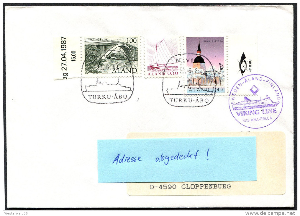 (1546) Aland Schiffspost - VIKING LINE - M/S AMORELLA, Gest. 12.6.89 NAVIRE Turku - Abo, Kirche Jomala - Aland