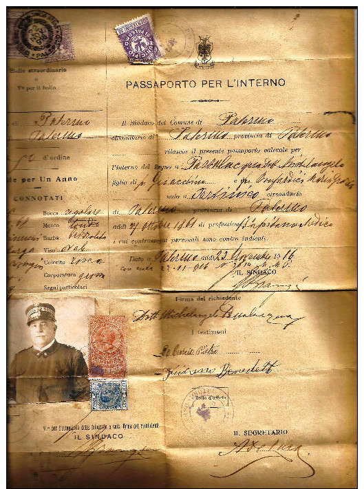 PASSAPORTO PER L'INTERNO -BUONA CONSERVAZIONE -1916 - Historical Documents