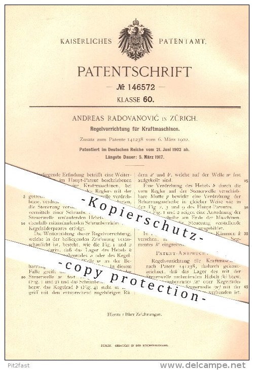 Original Patent - Andreas Radovanovic In Zürich , 1902 , Regelvorrichtung Für Kraftmaschinen , Motor , Motoren !!! - Documents Historiques