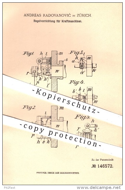 Original Patent - Andreas Radovanovic In Zürich , 1902 , Regelvorrichtung Für Kraftmaschinen , Motor , Motoren !!! - Documents Historiques