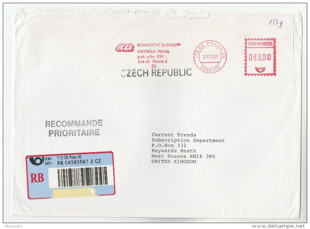 2001 REGISTERED  CZECH REPUBLIC COVER METER Stamps SLOGAN KOMERCNI BANKA  Praha Bank To GB Banking Finance - Covers & Documents