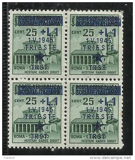 OCCUPAZIONE JUGOSLAVA DI TRIESTE 1945 LIRE 1 SU 25 CENT. QUARTINA BLOCK MNH - Occup. Iugoslava: Fiume