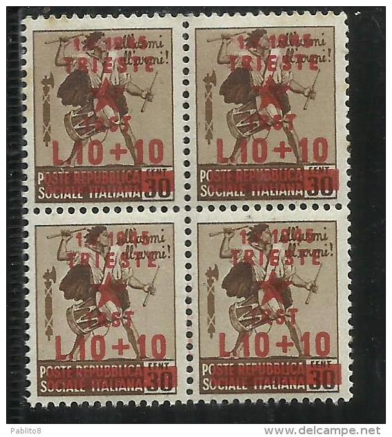 OCCUPAZIONE JUGOSLAVA DI TRIESTE 1945 SOPRASTAMPATO D'ITALIA ITALY OVERPRINTED LIRE 10 + 10 SU 30 C. QUARTINA BLOCK MNH - Yugoslavian Occ.: Trieste