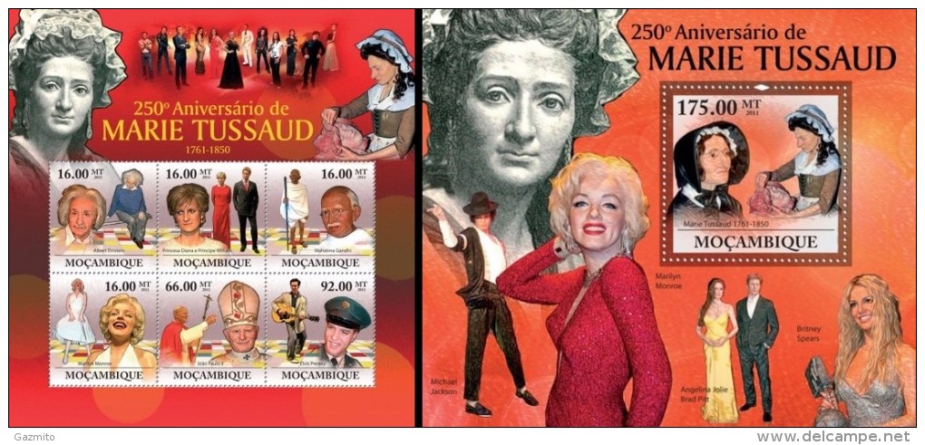 Mozambico 2011, Marie Trussard, Einstein, Diana, Gandhi, M. Monroe, Pope J. Paul II, Elvis, 6val In BF +BF - Cinéma