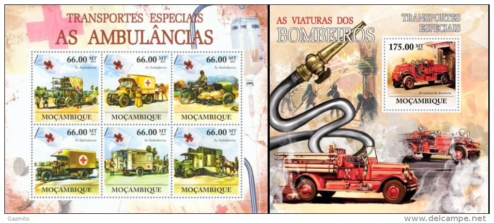 Mozambico 2011, Transports, Ambulances, Red Cross, Fire Engines, 6val In BF +BF - First Aid