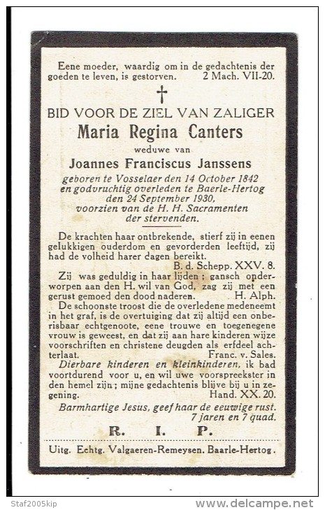 Bidprentje - Maria Regina CANTERS - Vosselaar 1842 - Baarle Hertog 1930 - Religion & Esotericism