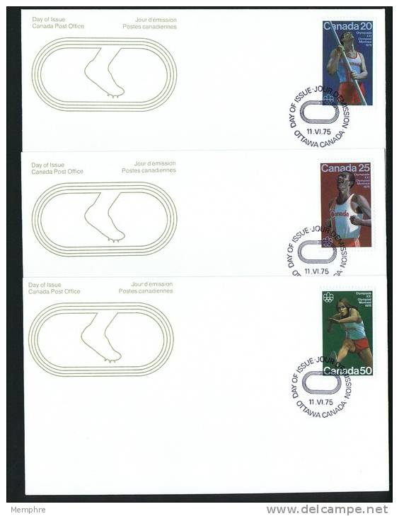 1975  Montreal Olympics: Track And Field: Pole Vault, Marathon, Hurdles  Sc 664-6  Set Of 3 FDCs - 1971-1980