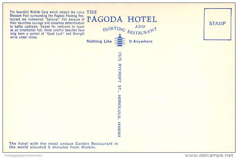 185795-Hawaii, Honolulu, Pagoda Hotel & Floating Restaurant, Lotus Blossum Pool, Koi, Nishiki Carp - Honolulu