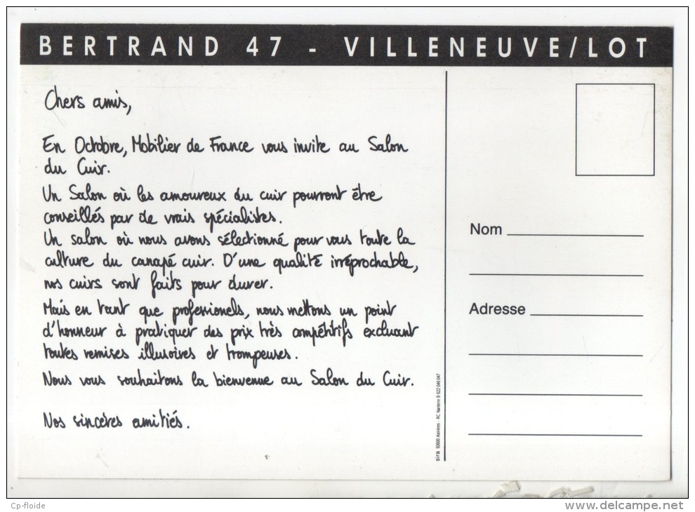 MOBILIER DE FRANCE. " OCTOBRE: SALON DU CUIR " . CARTE PUBLICITAIRE. MEUBLE BERTRAND VILLENEUVE-SUR-LOT - Réf. N°12191 - - Autres & Non Classés