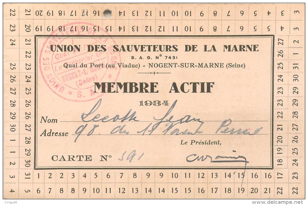 Carte De Membre Actif Union Des Sauveteurs De La Marne, 1934 - Zonder Classificatie