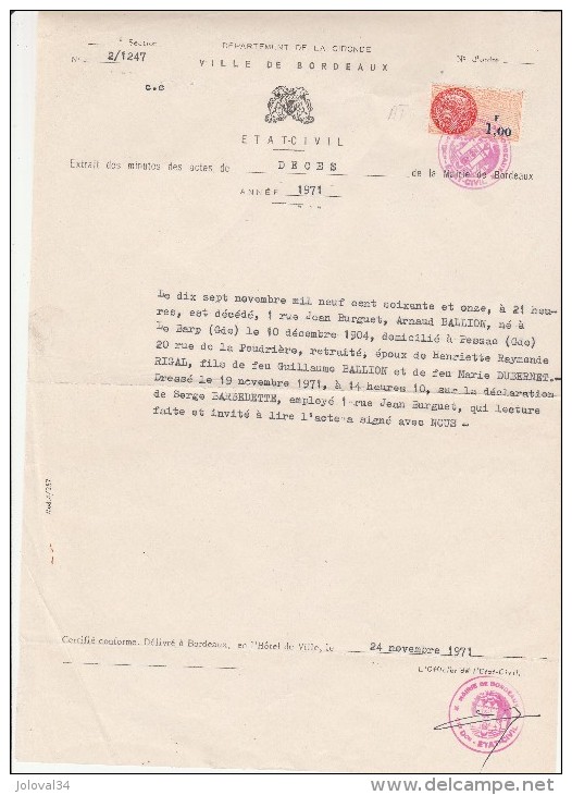 1971 - Mairie De BORDEAUX Gironde Extrait Acte Décès  - Timbres Fiscaux Taxes Communales - Non Classés